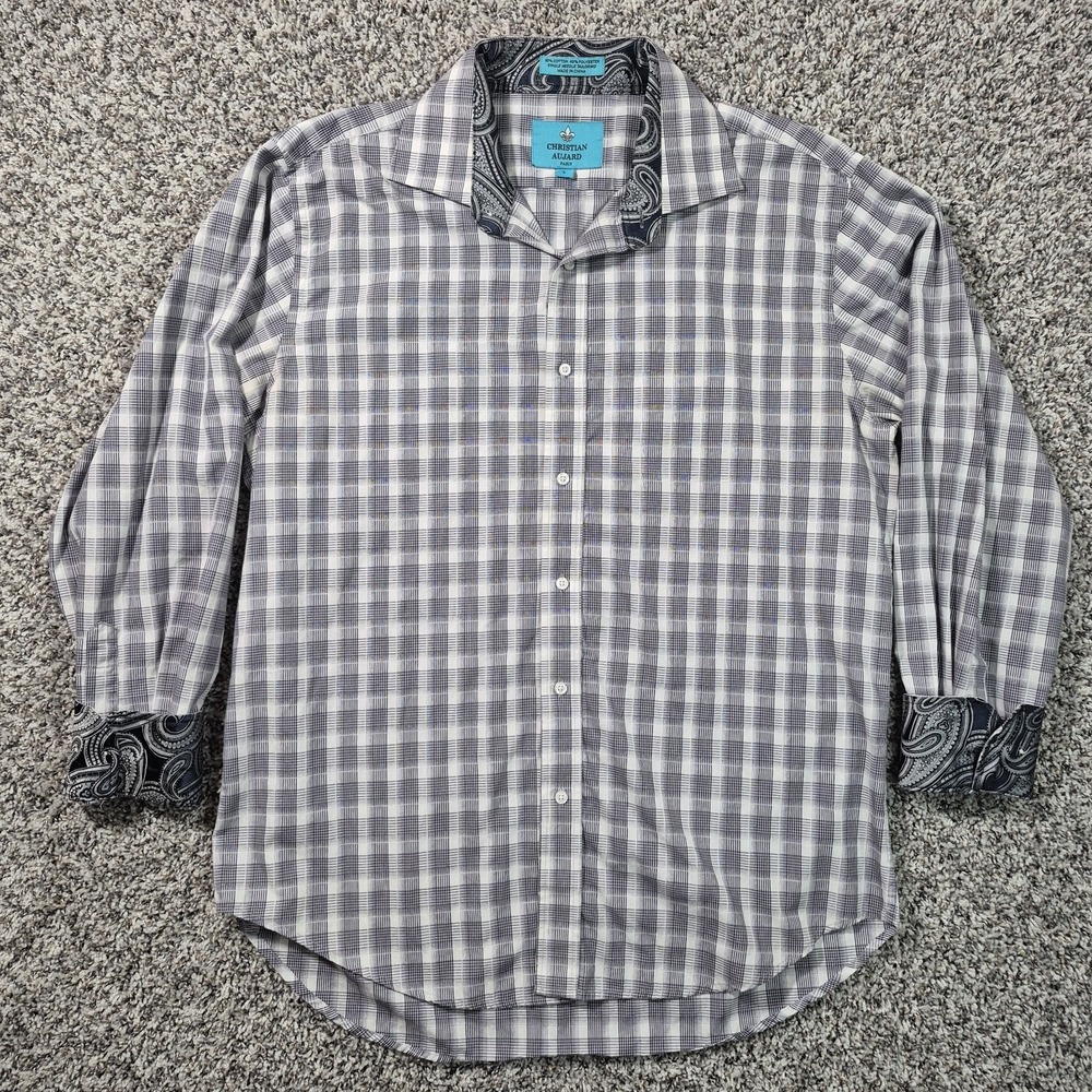 CHRISTIAN AUJARD Paris Men's Flip Cuff Blue/White Plaid Shirt‎ Size: Large